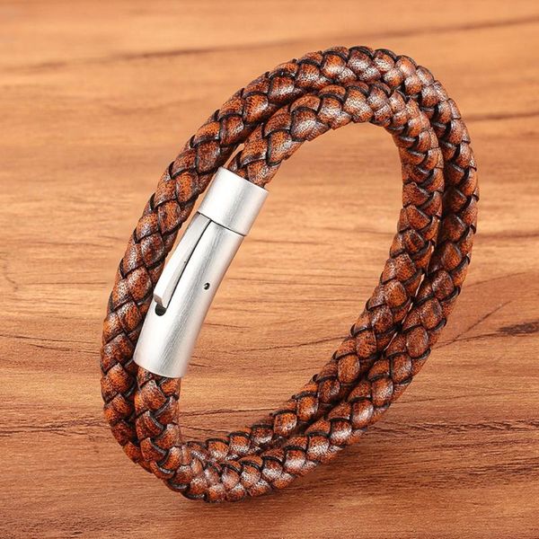 

tennis tyo fashion men's wrap bracelet bangle handmade women brown braided leather with stainless steel matte brushed clasp, Golden;silver