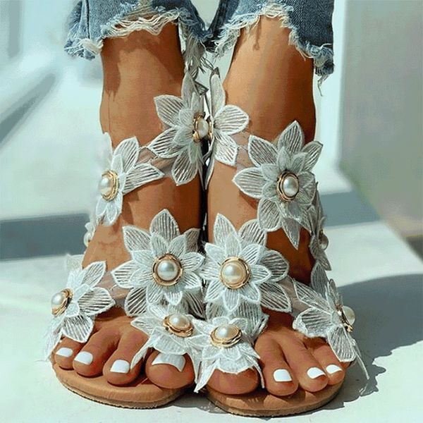 

summer ladies sandals white floral flat women bohemian casual beach shoes for woman, Black
