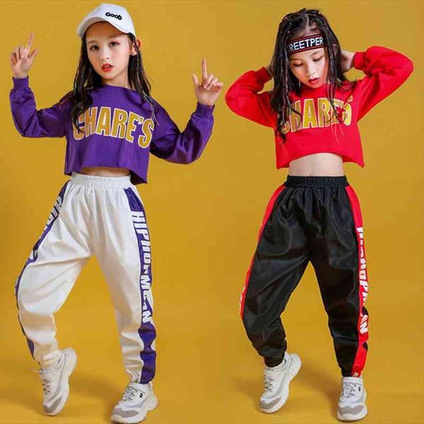 

girls hip hop sweatshirt 2 pcs set crop kids children streetwear sport jogger pant outfits teenage jazz street dance, White