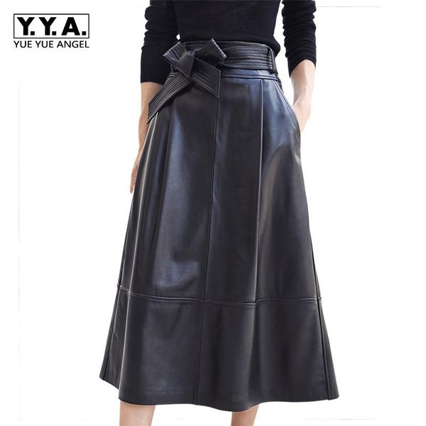 

skirts 2021 fashion women female genuine leather sheepskin saia falda bow with belt knee length skirt office lady plus size, Black