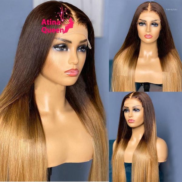 

preplucked honey blonde wig hd transparent 250% density ombre brown long colored 100% human hair wigs brazilian remy for women1, Black;brown