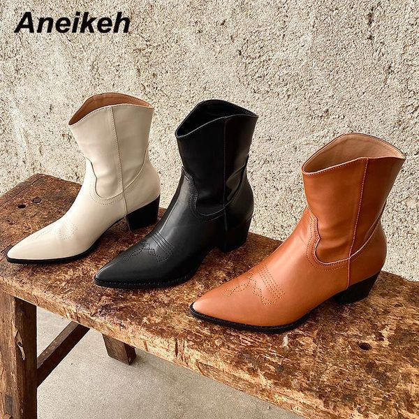 

boots aneikeh 2021 spring western cowboy splicing women shoes fashion slip-on solid ankle squared heels pointed toe size 35-39, Black