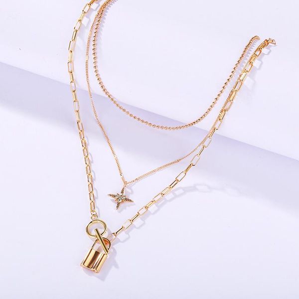 

pendant necklaces gold color alloy beads chain buckle necklace for women multilayer star lock padlock collares punk neck jewelry, Silver