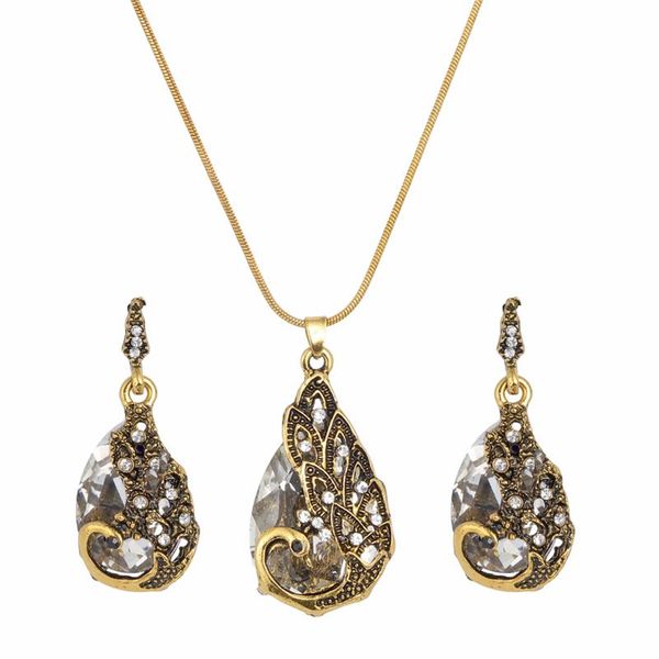 

earrings & necklace vintage bridal gold jewelry sets women peacock pendant long drop with crystal stones set, Silver