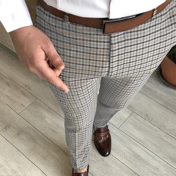 

men's pants casual plaid party suit stretch feet social classic with pockets formal trousers business male, Black