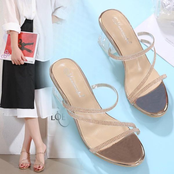 

square heel glitter slides shoes woman 2021 female slippers med block jelly pu hoof heels rome fabric basic crystal rubber, Black