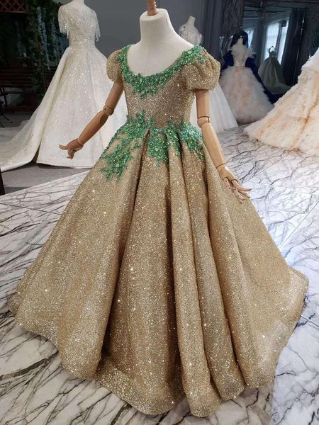 2021 Gold Lantejouled Lace Girls Pageant Vestidos de Lantejoulas Frosted Green Appliques Cap Sleeves Crianças Vestido de Prom Vestido Aniversário Vestidos para Little Girl Swew Train