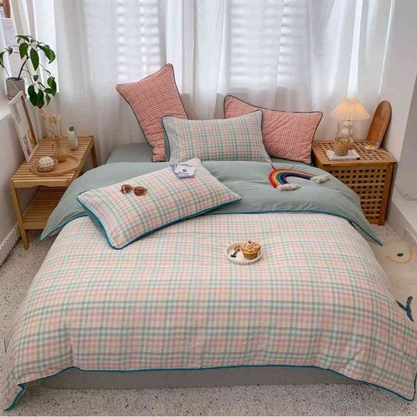 

washed cotton ultra soft duvet cover girls gingham plaid geometric bedding set bed sheet pillowcases  king size 4pcs