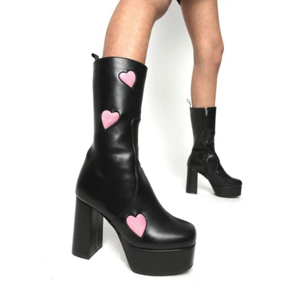 

boots 2021 lady zip heart-shaped super high heel platform fashion mid-calf women large size 43 summer woman shoes, Black