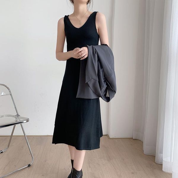 

casual dresses real s spring summer 2021 south korea dongdamen knitted vest women's middle length is thin versatile simple, Black;gray