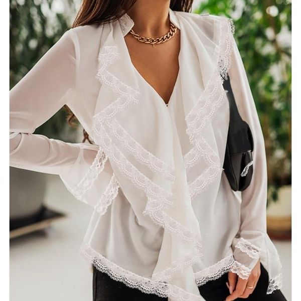 

women's blouses & shirts wepbel autumn mesh ladies blouse white irregular women solid color ruffled long sleeve v-neck top