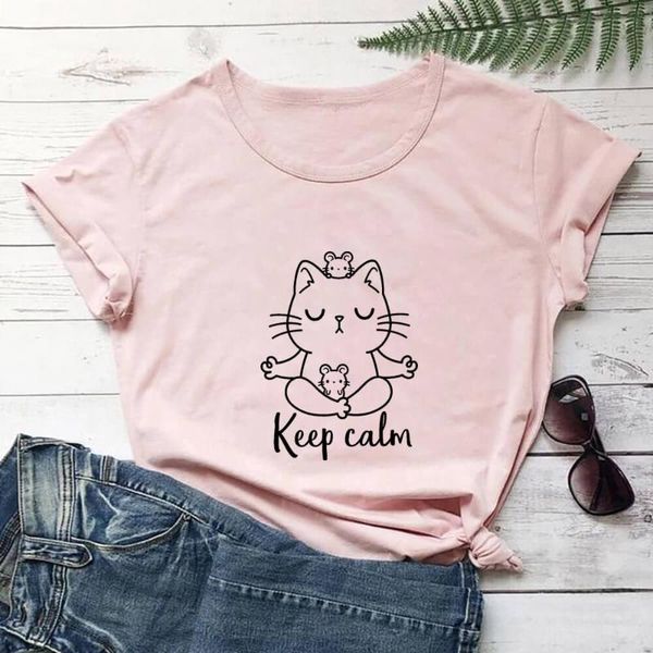 

women's t-shirt keep calm meditation cat print 100%cotton women tshirt mom life funny summer casual o-neck short sleeve pet lovers gift, White
