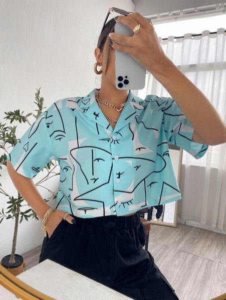 

abstract figure graphic button front blouse r6rv#, White