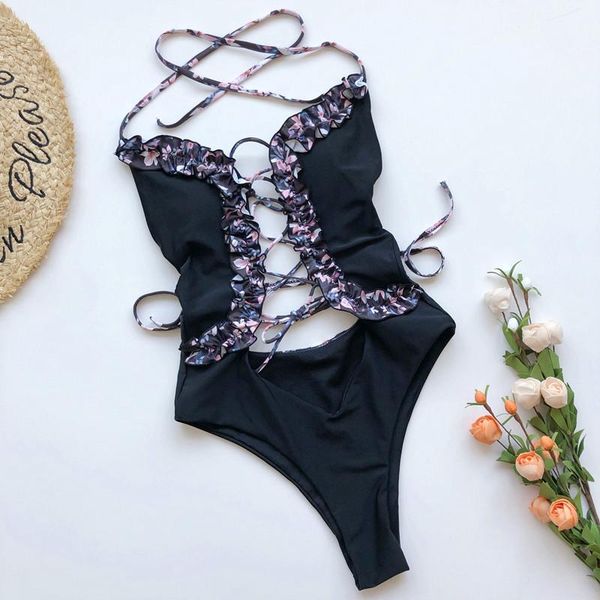 

hollow out bandgae ruffle one piece swimsuit 2021 monokini backless patchwork swimwear women bathing suit black green one-piece suits