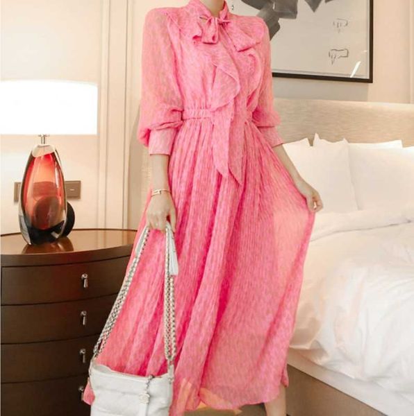 

spring women's pink chiffon print lace up bow casual pleated dress elegant long sleeve high waist vestidos dresses 210526, Black;gray