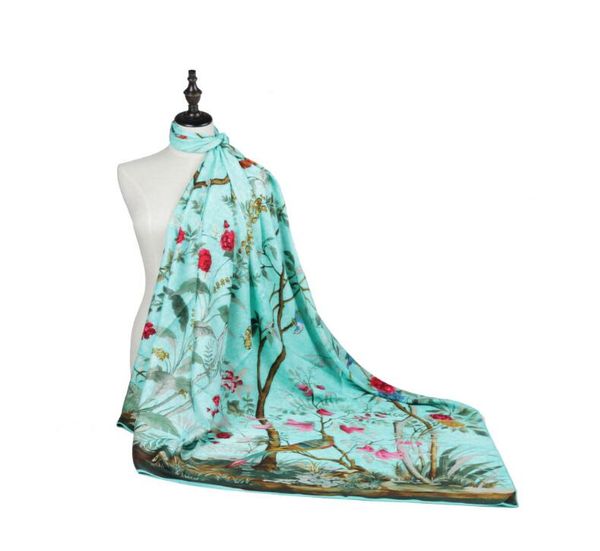 

european and american fashion plant flowers and birds jungle ladies silk scarf 130cm large square scarf women's scarves 2pieces/lot, Blue;gray