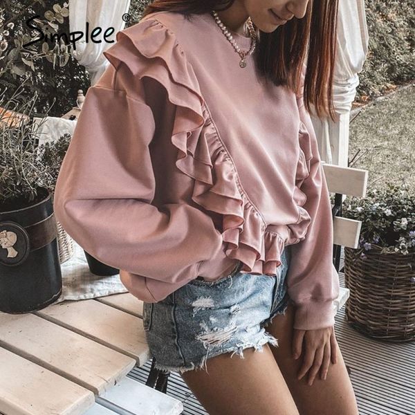

drop-shoulder sleeve ruffled sweatshirt women casual loose pink autumn short crewneck pullover for female 210414, Black