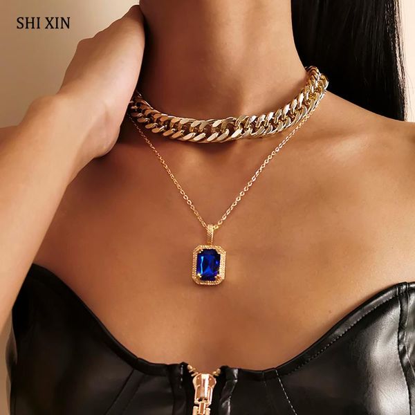 

pendant necklaces shixin hip hop thick link chain choker collar with blue crystal pendants for women 2021 fashion chains on neck jewelry, Silver