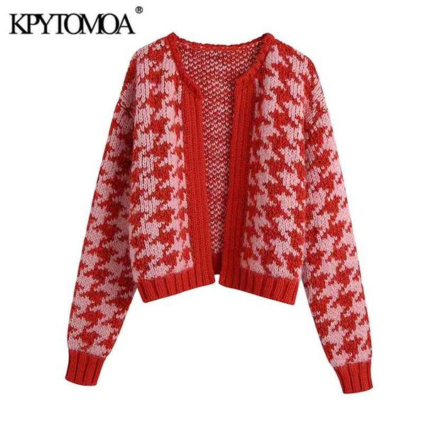 KPYTOMOA Женская мода HoundStooth Cross Open Knit Cardigan свитер Vintage o Вырека с длинным рукавом женская верхняя одежда Chic Tops 210914