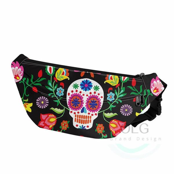 

gothic skull print waist bag zipper chest fanny pack floral pattern belt bags women's fashion phone packs with pocket