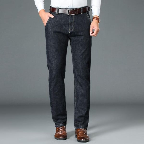 

men's jeans 2021 autumn winter thick fit straight classic high-quality mulberry silk cotton high waist business blue black
