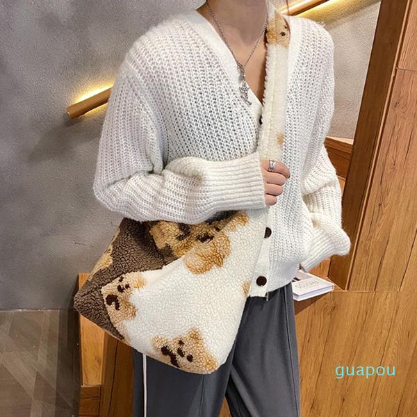 

evening bags women fashion bear print hit color shoulder bag female casual autumn winter plush small crossbody fluffy tote