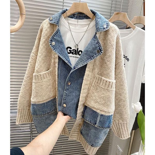 

women's jackets fashion personality stitching denim jacket women winter loose thick sweater cardigan korean coats, Black;brown