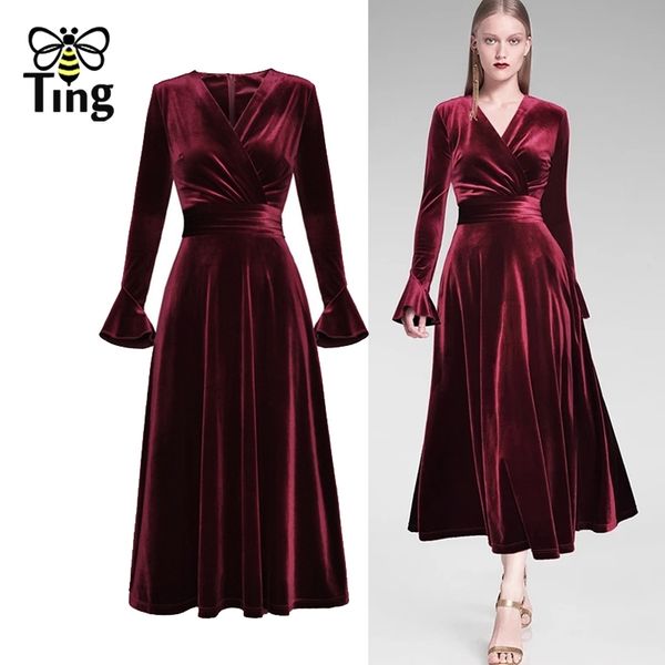 

designer runway vingtage velvet party dresses lady elegant v neck flare full sleeve a lime midi dress tea length vestido 210513, Black;gray