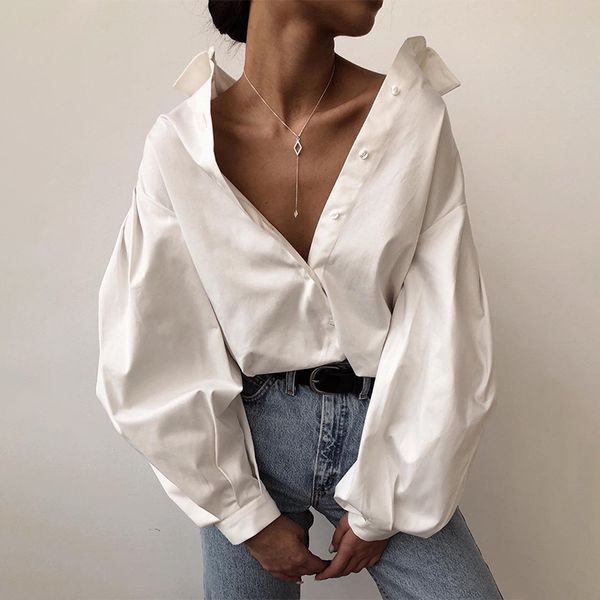 

women's blouses & shirts long lantern sleeve women autumn solid slim turn-down collar womens spring ladies and 8zsx, White