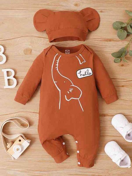 

baby cartoon elephant print jumpsuit & hat she, Blue