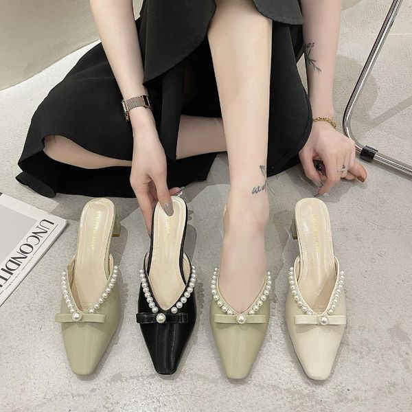 

slippers casual glitter slides flat shoes female mules for women 2021 pointed toe pantofle string bead med luxury jelly summer, Black