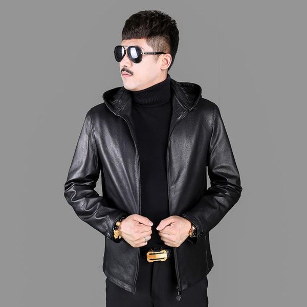 

men's leather & faux 2021 haining authentic first layer deerskin jacket slim fit hood detachable business casual real coat, Black