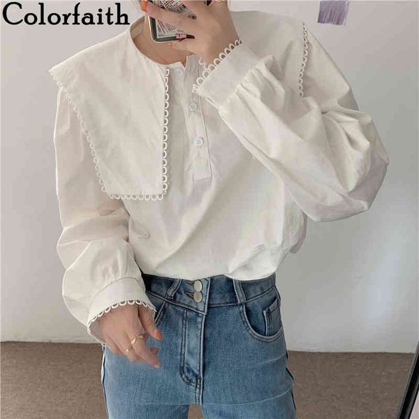 

colorfaith new women spring summer blouses shirts buttons sailor collar vintage oversize office lady fashionable bl267 210413, White