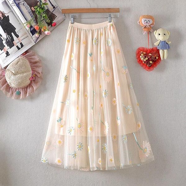 

skirts summer women elegant floral printed tulle midi 2021 fashion ladies spring streetwear high waist casual pleated skirt s248, Black
