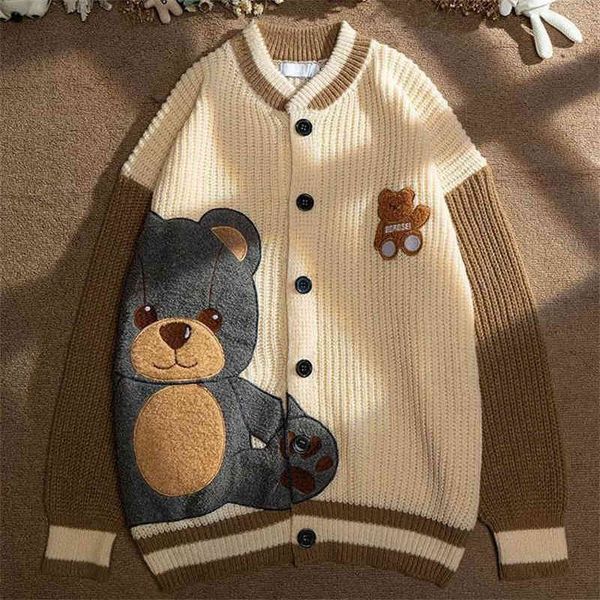 

oversized luxury autumn embroidery bear cardigan men harajuku lazy et brand knit coat vintage cotton sweater unisex, Black;white