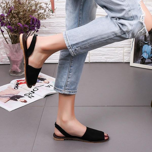 

women sandals summer 2021 ladies peep toe comfortable woman female solid slip-on back strap flat shoes large size, Black