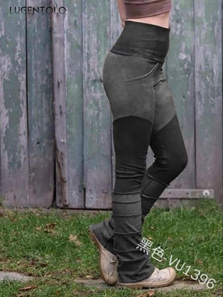 

women pants autumn women's high-waisted splicing collision elastic female tight casual all-match lugentolo & capris, Black;white