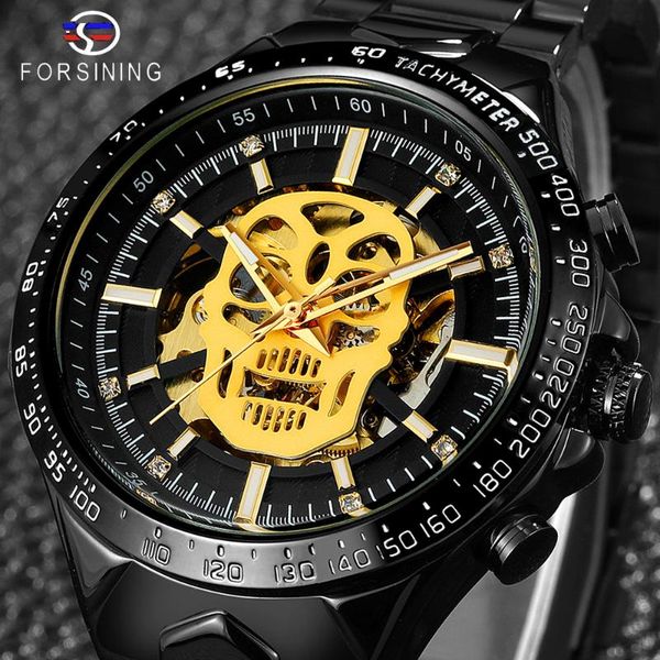 

forsining creative skull bone mens mechanical watch automatic steampunk black steel belt male clock wristwatch relogio masculino wristwatche, Slivery;brown