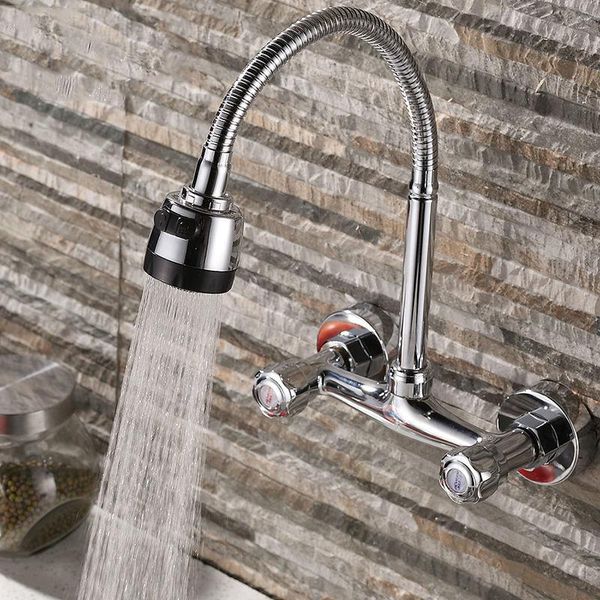 

kitchen faucets brass wall mounted and cold water faucet can be 360 degree rotation for dish basin dual hole handle