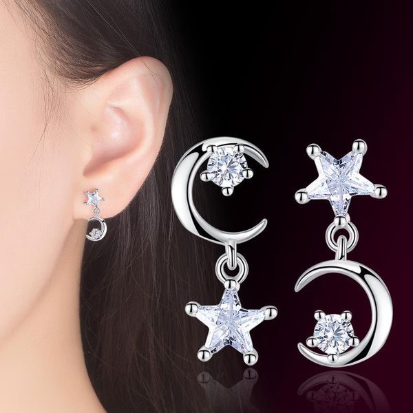 

crystal 925 sterling silver stud earrings luxury star moon asymmetrical snowflake eardrop women long design jewelry, Golden;silver