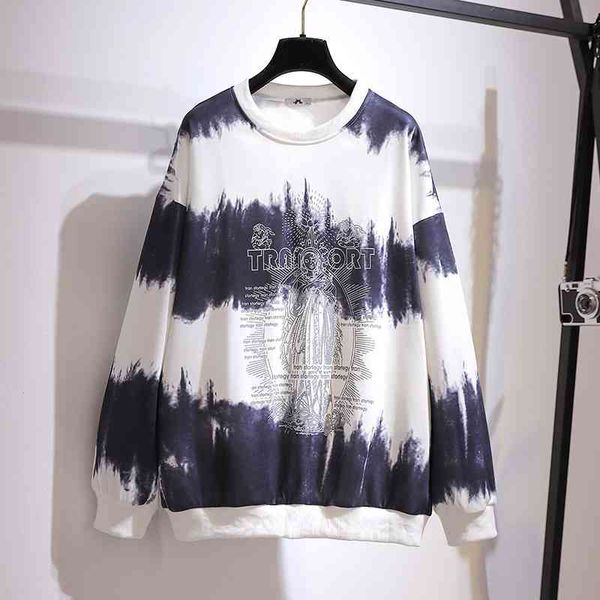 

fat mm fried street print tie dyed loose and thin medium length sweater 2021 spring new extra large women's wear, Black