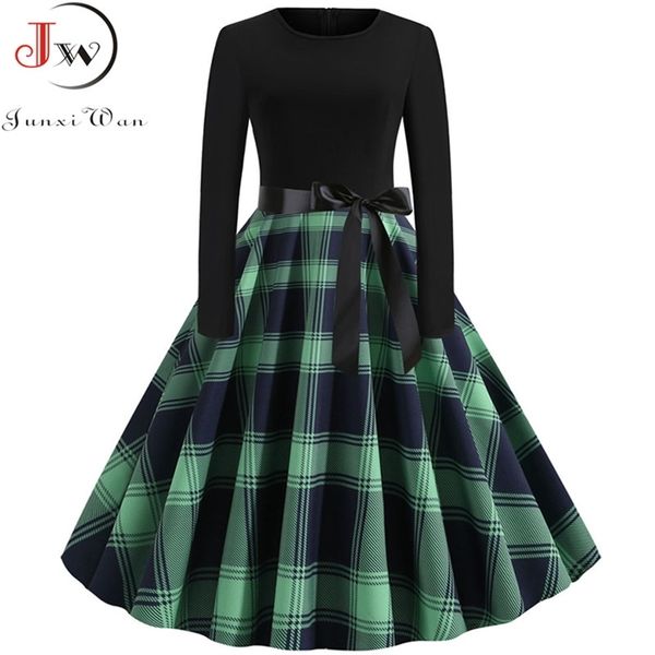 

new autumn winter women plaid print dress elegant casual vintgae dress robe femme black patchwork a-line party vestidos, Black;gray
