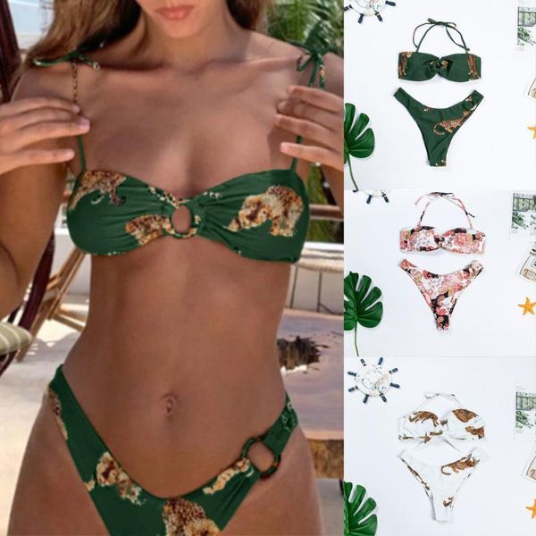 

women's swimwear bikini 2021 push up women print set halter string swimsuit bathing suit beachwear biquini two piece, White;black