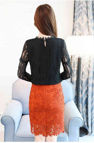 

autumn winter fashion blouse long sleeve slim body shirt women elegant plus size lace top, White