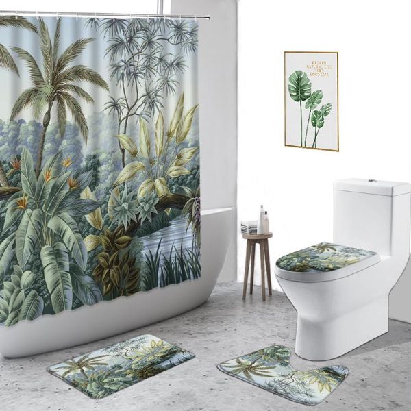 

shower curtains tropical plants landscape curtain palm tree banana leaf 3d printing bathroom 4-piece set anti-slip carpet bath