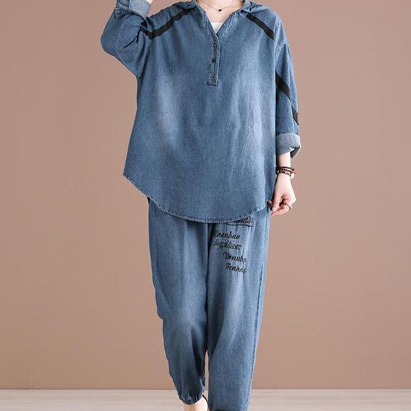 

women's two piece pants spring fall british fashion women blue denim and elastic waist harem trousers ladies retro hooded pieces suits, White