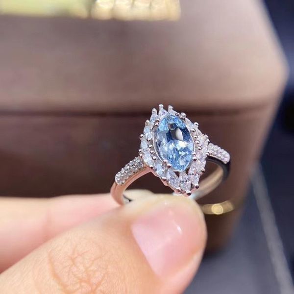 

cluster rings 100% natural and real aquamarine ring 925 sterling silver fashion woman for wedding, Golden;silver