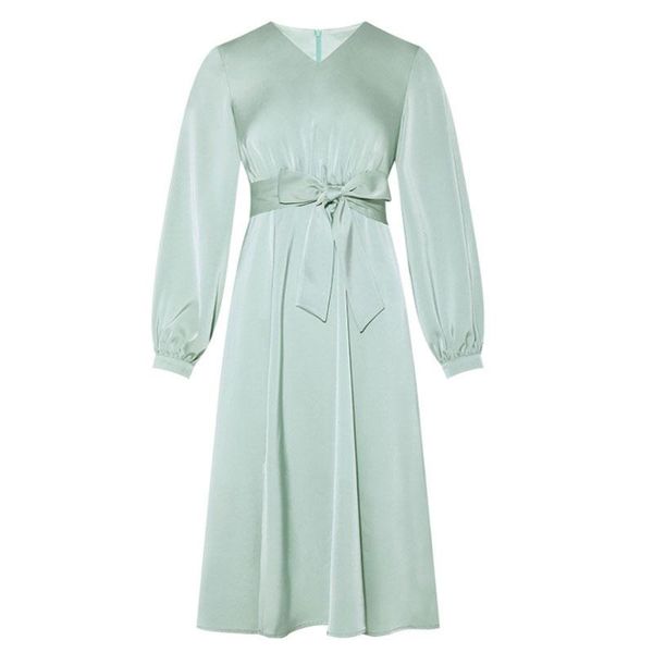 

casual dresses mint green satin v-neck long sleeved sash belt knee length elegant fall dress, Black;gray