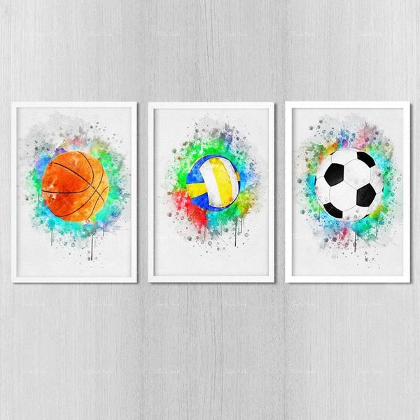 

paintings basketball volleyball soccer set of three posters sport art watercolor wall decor valentines gift