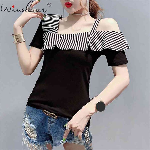 

summer t shirt women strap off-shoulder striped ruffles patchwork slim tee cotton short sleeve casual clothingt02610b 210421, Black;gray